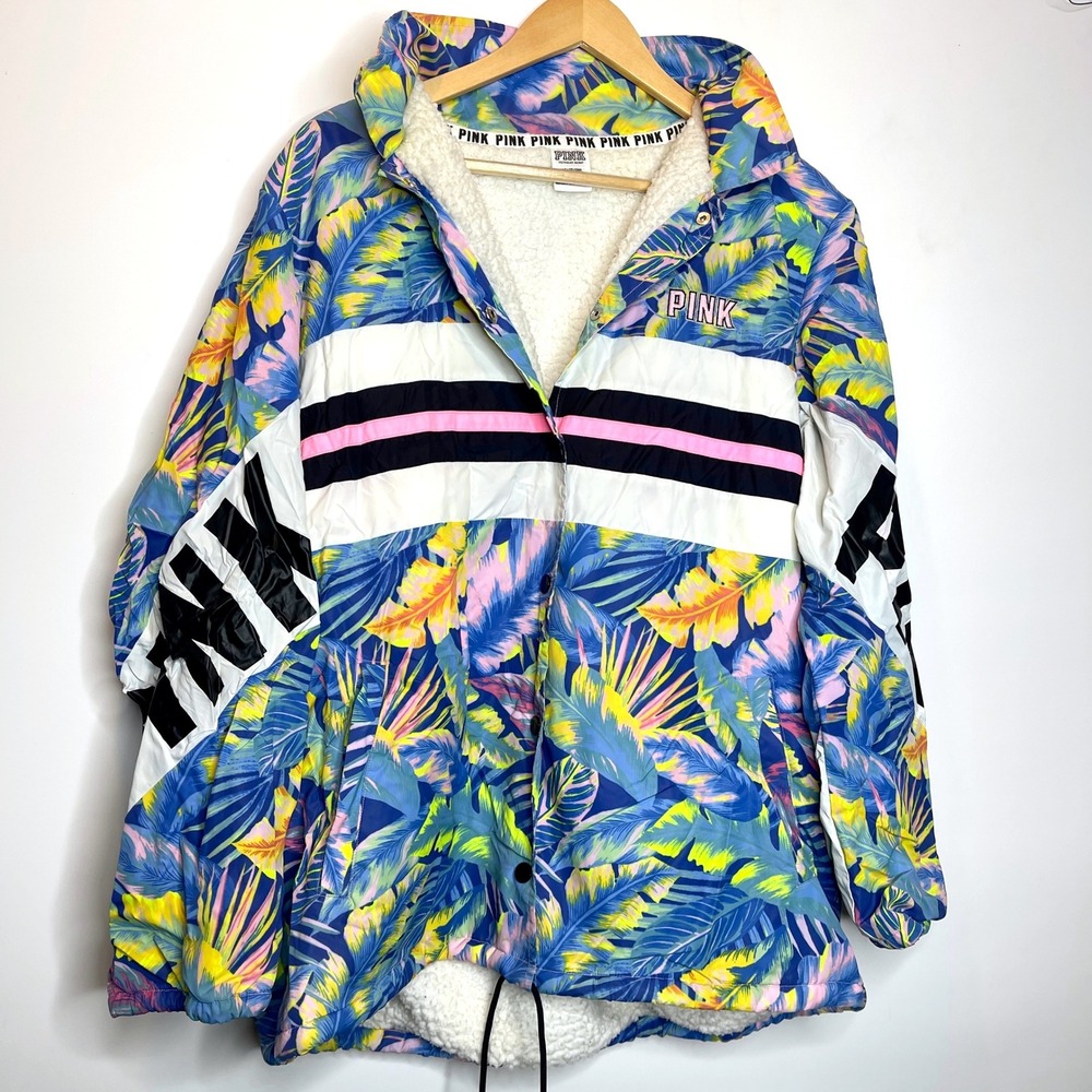 Victoria's Secret PINK Y2K Floral Sherpa‎ Lined Windbreaker Jacket Blue Twee